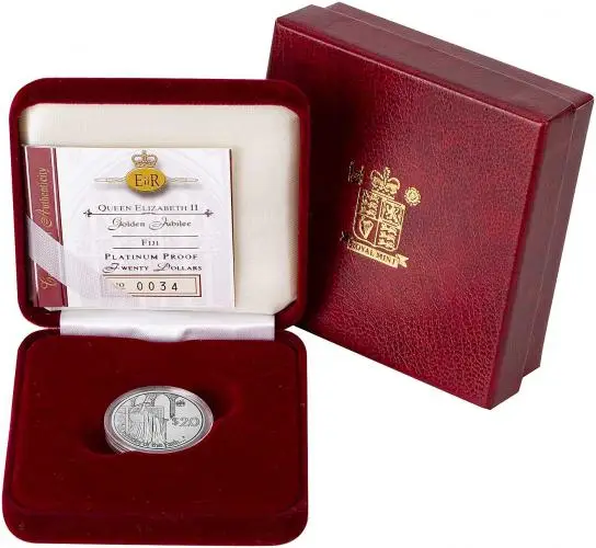 2002 Platinum Proof Golden Jubilee - Defender of The Faith 20 Dollar  Coin With Box with Cert Fiji The Royal Mint in box