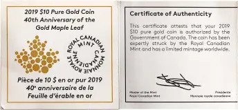 2019 Gold Proof 0.25 Ounce Maple Coin Royal Canadian Mint 5