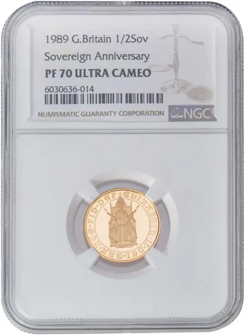 1989 Half Sovereign Gold Proof 500th Anniversary Coin NGC PF-70 Obverse