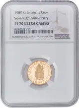 1989 Half Sovereign Gold Proof 500th Anniversary Coin NGC PF-70 Obverse