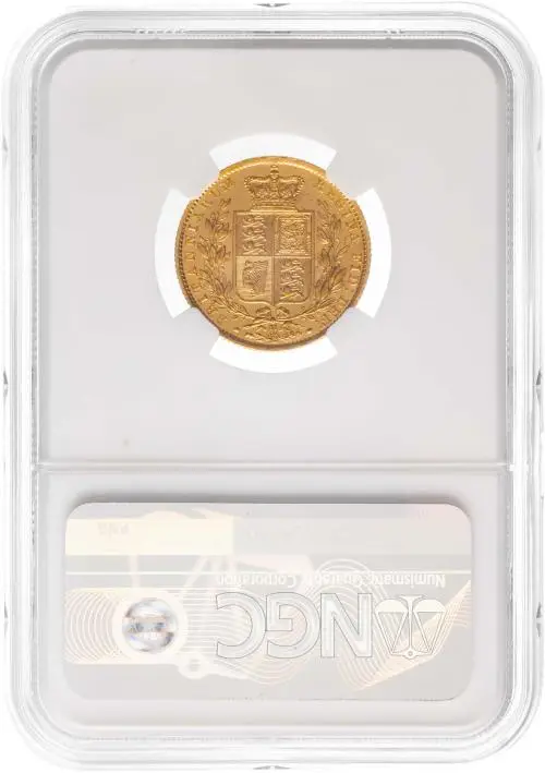 1871 Gold Graded Full Sovereign Victoria Young Head Shield NGC MS-62+ reverse