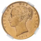 1871 Gold Graded Full Sovereign Victoria Young Head Shield NGC MS-62+ obv