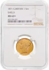 1871 Gold Graded Full Sovereign Victoria Young Head Shield NGC MS-62+