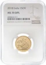 2018 Gold Full Sovereign Elizabeth II Delhi Mint NGC MS-70 DPL