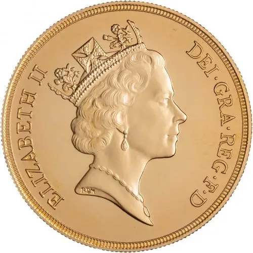 1985 Gold Brilliant Uncirculated Quintuple Sovereign £5 St George  obv
