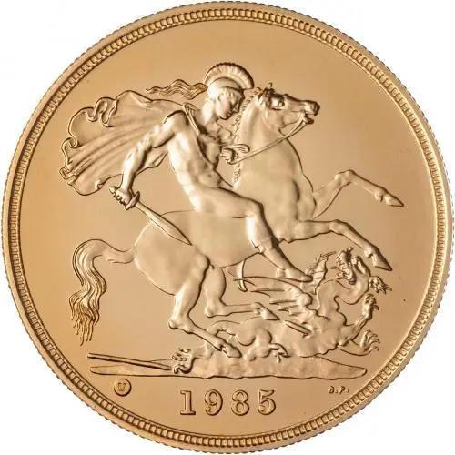 1985 Gold Brilliant Uncirculated Quintuple Sovereign £5 St George  rev