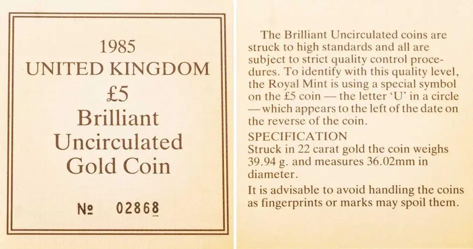 1985 Gold Brilliant Uncirculated Quintuple Sovereign £5 St George  with cert
