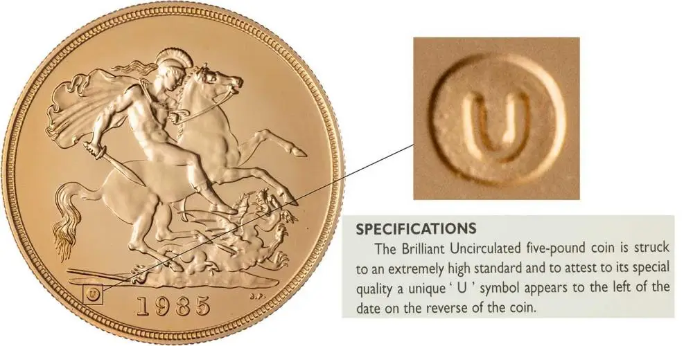 1985 Gold Brilliant Uncirculated Quintuple Sovereign £5 St George  with expanded view of u