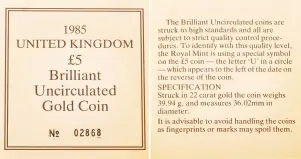 1985 Gold Brilliant Uncirculated Quintuple Sovereign £5 St George  with cert