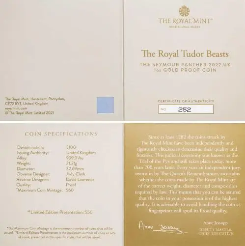 2022 1 oz Gold Proof Tudor Beasts Seymour Panther Coin with cert