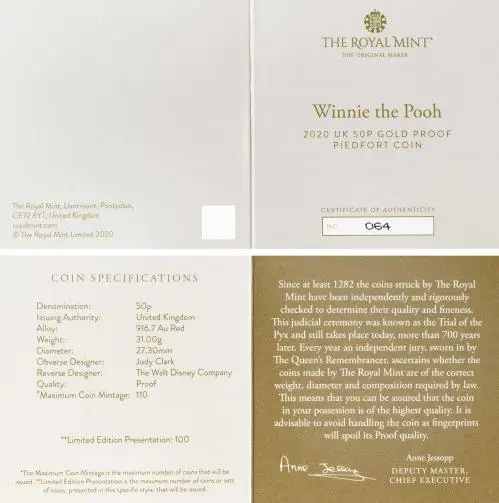 2020 Gold Proof Piedfort Winnie The Pooh and Friends Elizabeth II Winnie the Pooh Pound Sterling 50 Pence  Coin United Kingdom The Royal Mint with cert