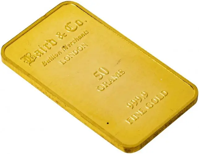 Pre-Owned 50g Gold Bullion Bar Baird & Co. - In Sleeve Obverse Side View