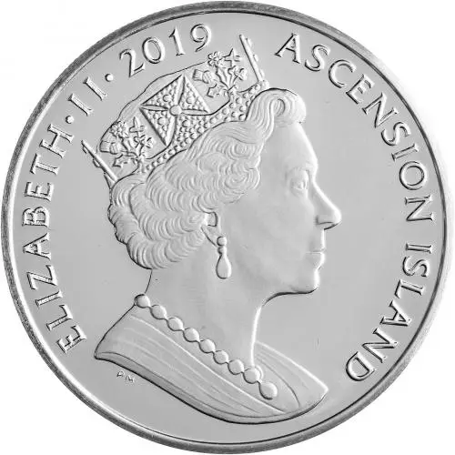 2019 Ultra High Relief Silver Proof 2 Ounce 50th Anniversary of the Moon Landing Crown  Coin Ascension Island Obverse