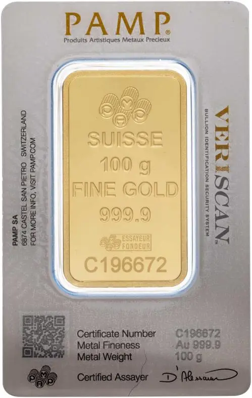 PAMP Suisse 100g Fortuna Minted Gold Bullion Bar - In Card obverse