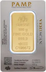 PAMP Suisse 100g Fortuna Minted Gold Bullion Bar - In Card obverse