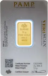 PAMP Suisse 10g Fortuna Minted Gold Bullion Bar - In Card obverse