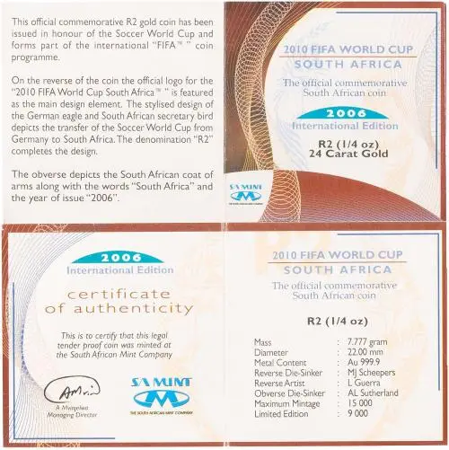 2006 Gold Proof 0.25 Ounce Fifa World Cup  Coin Single South Africa South African Mint certs