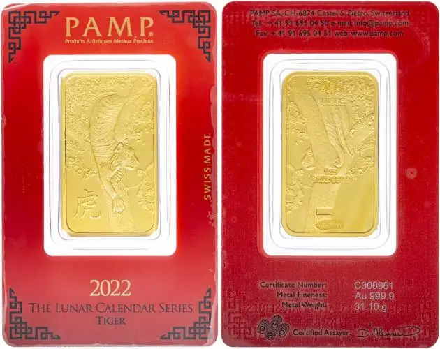 2022 Gold Bullion Ungraded 1 Ounce Lunar Year of the Tiger Bar Single PAMP Suisse obverse and reverse