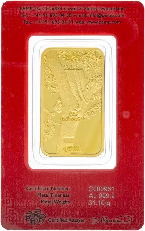 2022 Gold Bullion Ungraded 1 Ounce Lunar Year of the Tiger Bar Single PAMP Suisse reverse