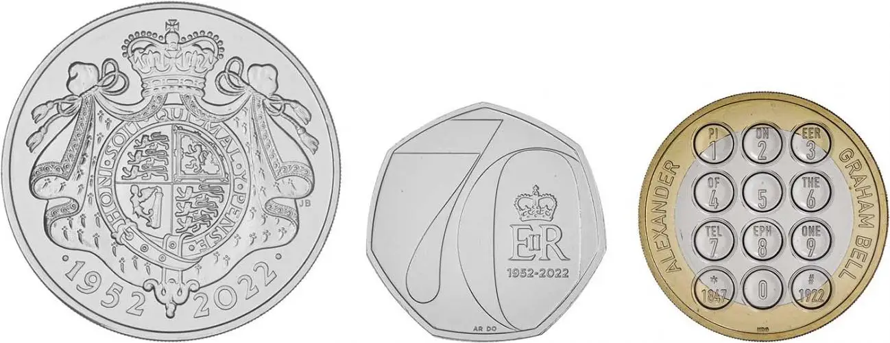 2022 United Kingdom Brilliant Uncirculated Annual Coin Set 5 pounds 50pence jubilee and bell pound design reverse