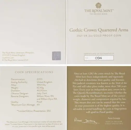 2021 Gothic Crown 2 oz Gold Proof Coin cert and specs