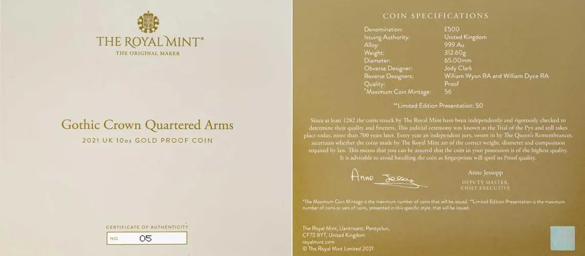 2021 Gothic Crown 10 oz Piedfort Gold Proof Coin certificate and specifications