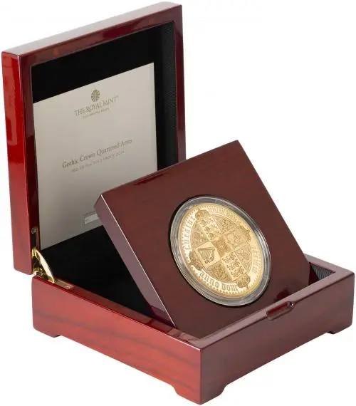 2021 Gothic Crown 10 oz Piedfort Gold Proof Coin in box side view