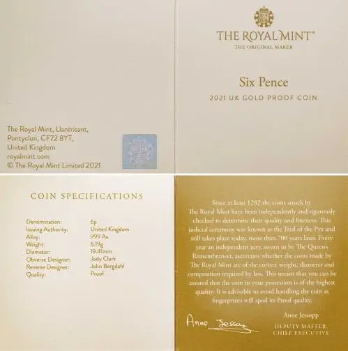 2021 Gold Proof Elizabeth II Pound Sixpence Certificate