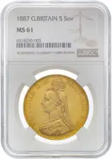 1887 Gold Graded Quintuple Sovereign Victoria Jubilee Head  Coin Slabbed Without Box Without Cert Collectable United Kingdom MS-61 obv