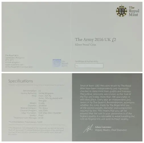 2016 Silver Proof The Army - First World War Pound Sterling certificate
