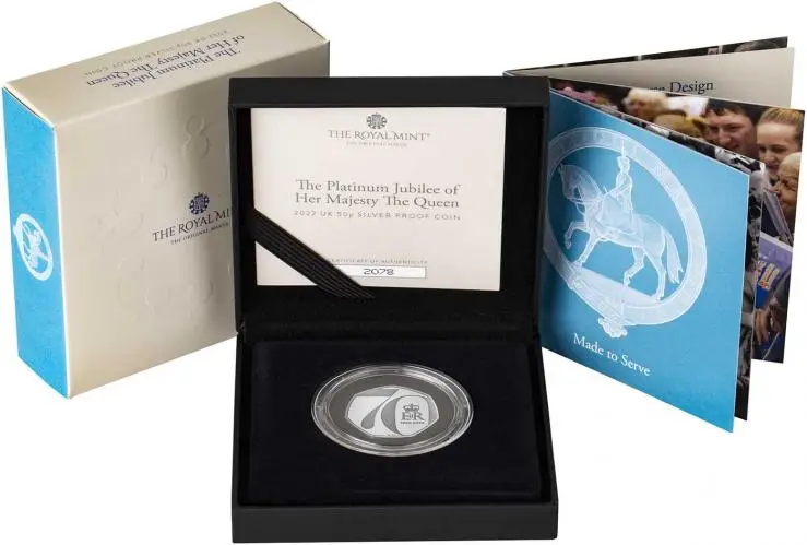 2022 Silver Proof British Decimal Elizabeth II Platinum Jubilee Pound Sterling 50 Pence Coin United Kingdom The Royal Mint with box