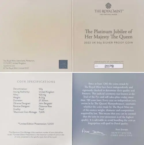 2022 Silver Proof British Decimal Elizabeth II Platinum Jubilee Pound Sterling 50 Pence Coin United Kingdom The Royal Mint with cert
