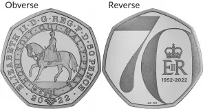 2022 Silver Proof British Decimal Elizabeth II Platinum Jubilee Pound Sterling 50 Pence Coin United Kingdom The Royal Mint obverse and reverse