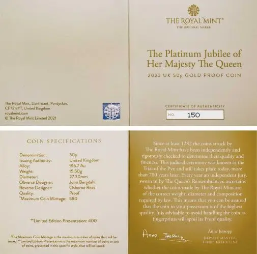 2022 Gold Proof Platinum Jubilee 50 Pence Coin with cert