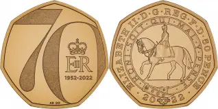 2022 Gold Proof Platinum Jubilee 50 Pence Coin reverse and obverse