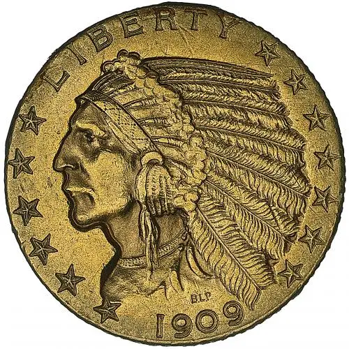 1909 Gold EX-jewellery Half Eagle US Dollar $5  Coin Denver Mint Indian Head obverse