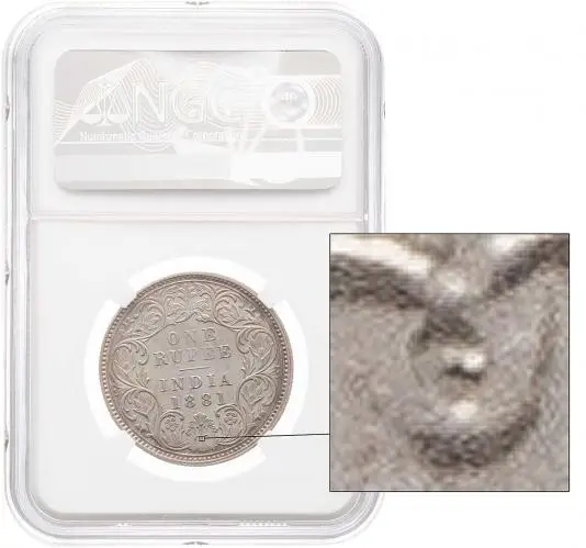 1881 Silver Victoria Gothic Indian 1 Rupee Coin NGC PF-64 closer view of mintmark