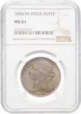 1840 Victoria Young Head Silver Indian 1 Rupee Coin Madras Mint NGC MS-61