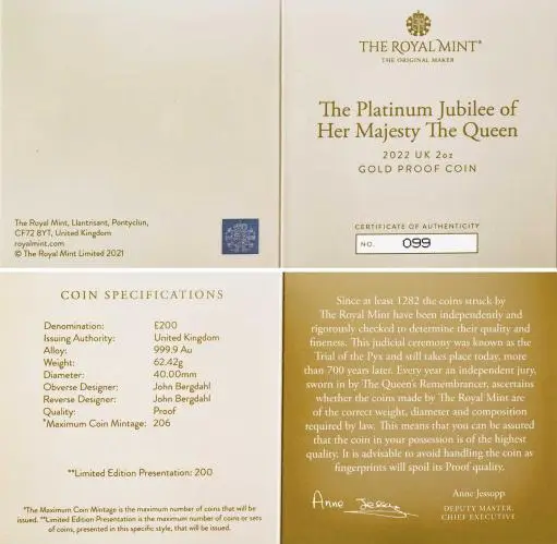 2022 2 oz Gold Proof Platinum Jubilee Coin cert and specs