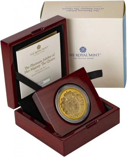 2022 2 oz Gold Proof Platinum Jubilee Coin in box side view