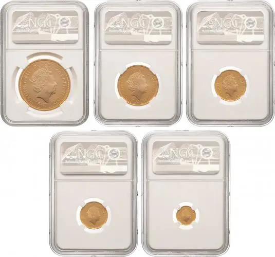 2021 Gold Proof Sovereign 5 Coin Set NGC PF 70 ULTRA CAMEO obverse designs 