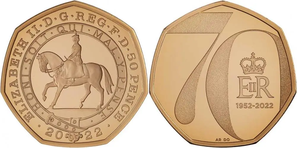 2022 Gold Proof Elizabeth II Platinum Jubilee 50 Pence 2 Coin Set obverse and reverse coin 1