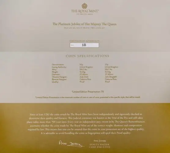 2022 Gold Proof Elizabeth II Platinum Jubilee 50 Pence 2 Coin Set with cert