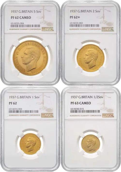 1937 With Box PF 62-63 Gold Proof Sovereign George VI Specimen Set  Coin NGC Without Cert 4 Coins obverse designs