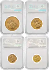 1937 With Box PF 62-63 Gold Proof Sovereign George VI Specimen Set  Coin NGC Without Cert 4 Coins reverse designs