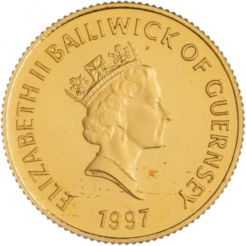 Guernsey 1997 Queen Elizabeth II & Prince Phillip Gold Proof Golden Wedding £25 Coin -  obverse