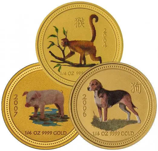 Coloured 0.25 oz Gold Perth Mint Lunar Coins - Minty