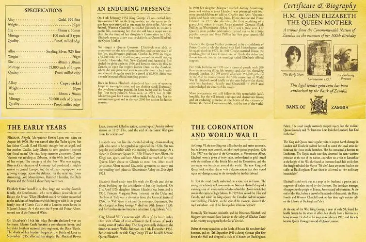 2000 Gold Proof Queen Mother Centenary 10,000 Kwacha  Coin Sets with Cert Zambia Bank of Zambia 3 Coins with certificate