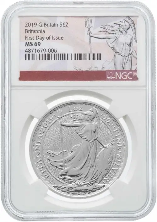 2019 Silver 1 Ounce Britannia First Day Of Issue NGC MS-69 reverse