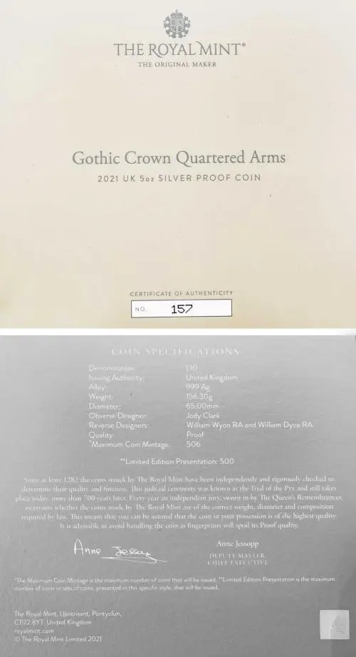 2021 Silver Proof 5 Ounce Great Engravers Series Elizabeth II Gothic Quartered Arms Pound Sterling £10  Coin With Box with Cert Collectable United Kingdom The Royal Mint certificate and specifications